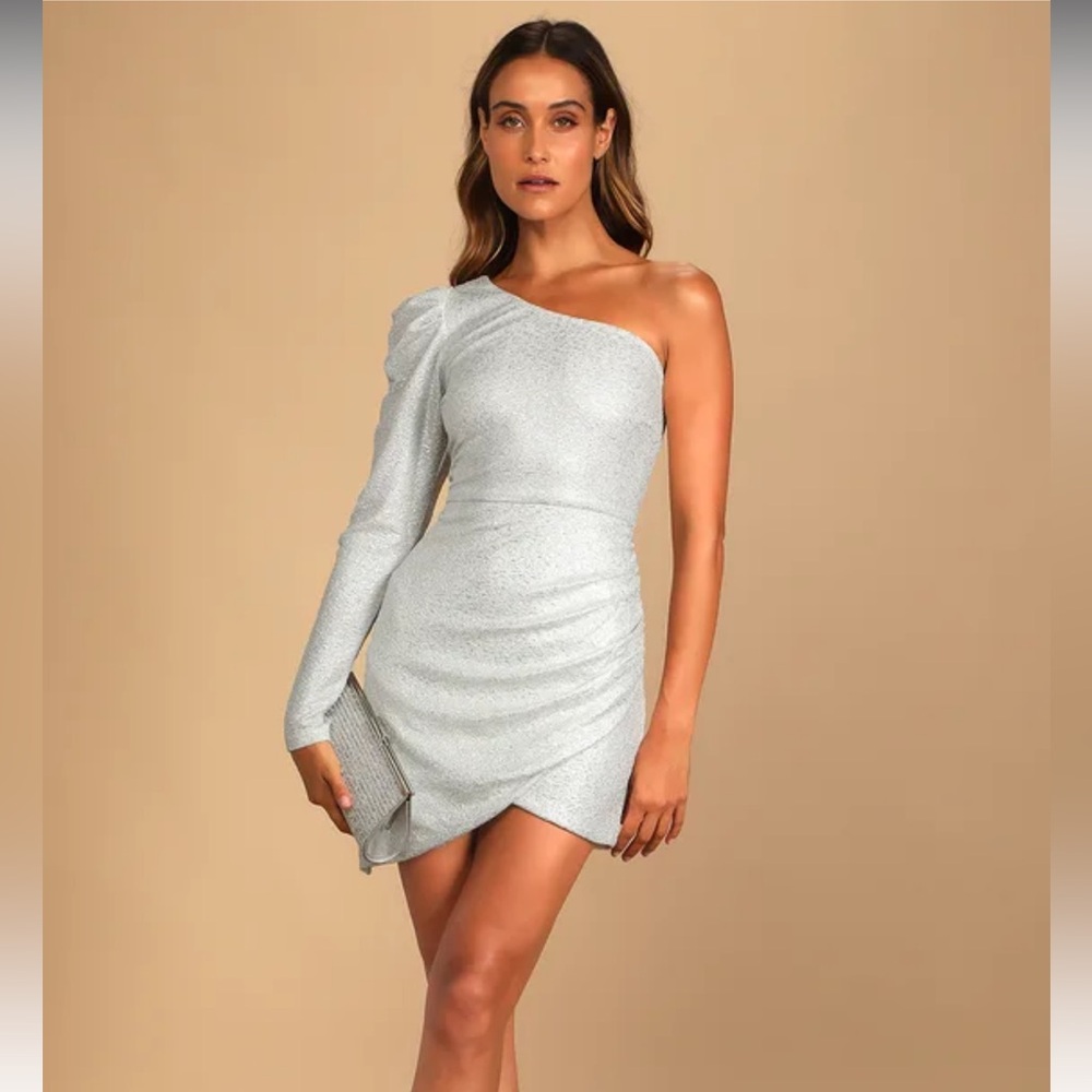 Brightly Shining Silver Metallic One-Shoulder Mini Dress